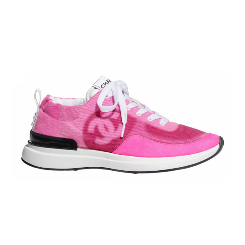 Chanel 21S Neon Pink Denim Suede CC Logo Lace Up Low Top Trainer Sneaker 39.5